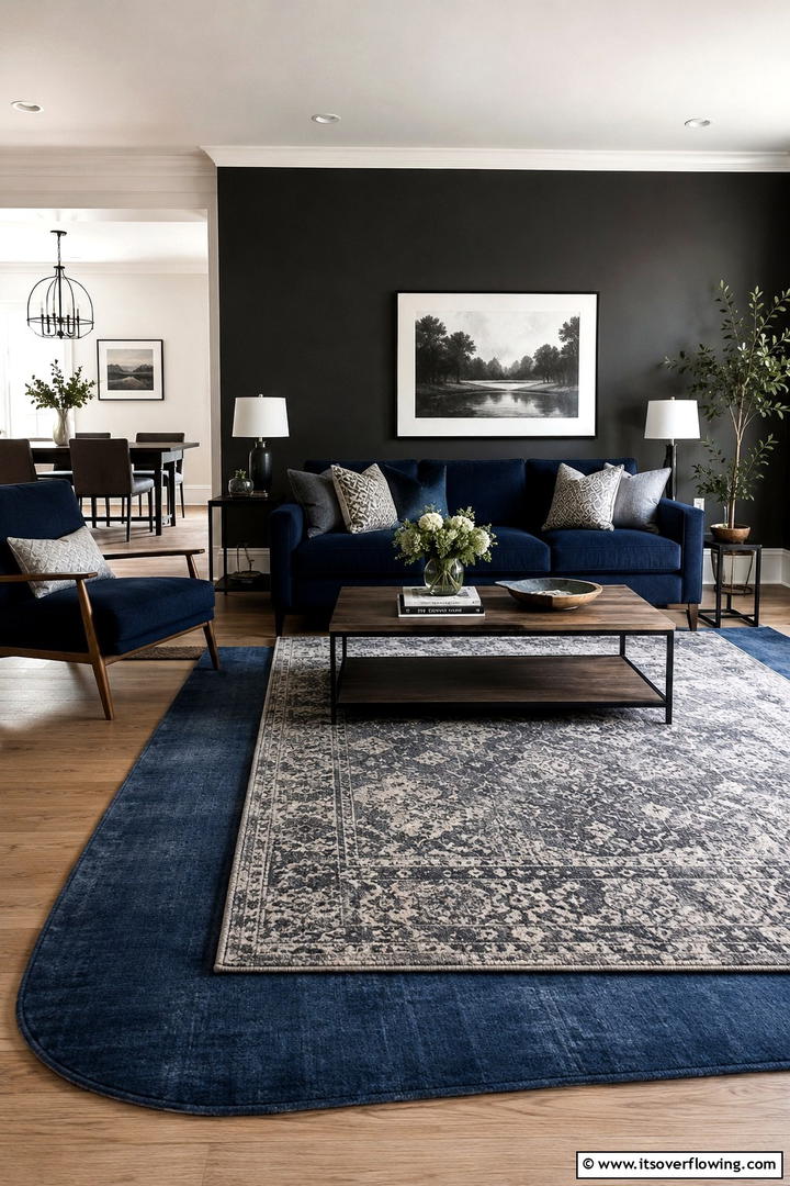 Dynamic Layers in Navy Blue Decor - 30 Navy Blue and Grey Living Room Ideas for Sophisticated Style