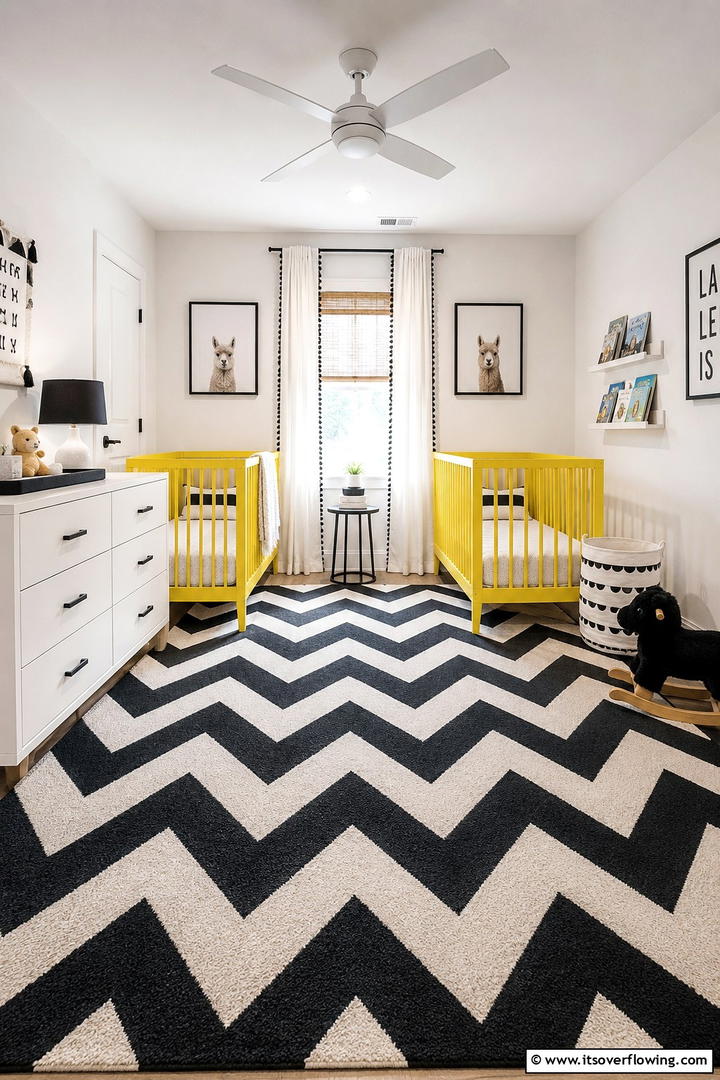 Dynamic Rug Patterns - 30 Twin Nursery Ideas for Stylish & Functional Baby Spaces