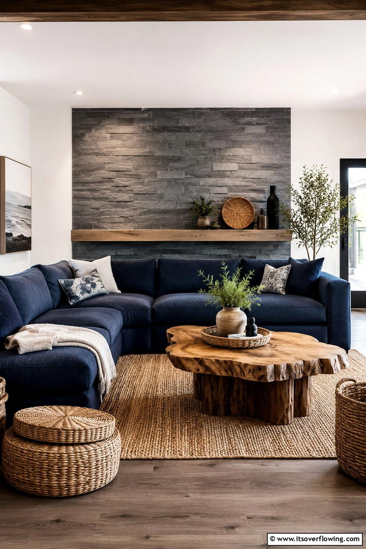Earthy Elements in Blue and Grey Decor - 30 Navy Blue and Grey Living Room Ideas for Sophisticated Style
