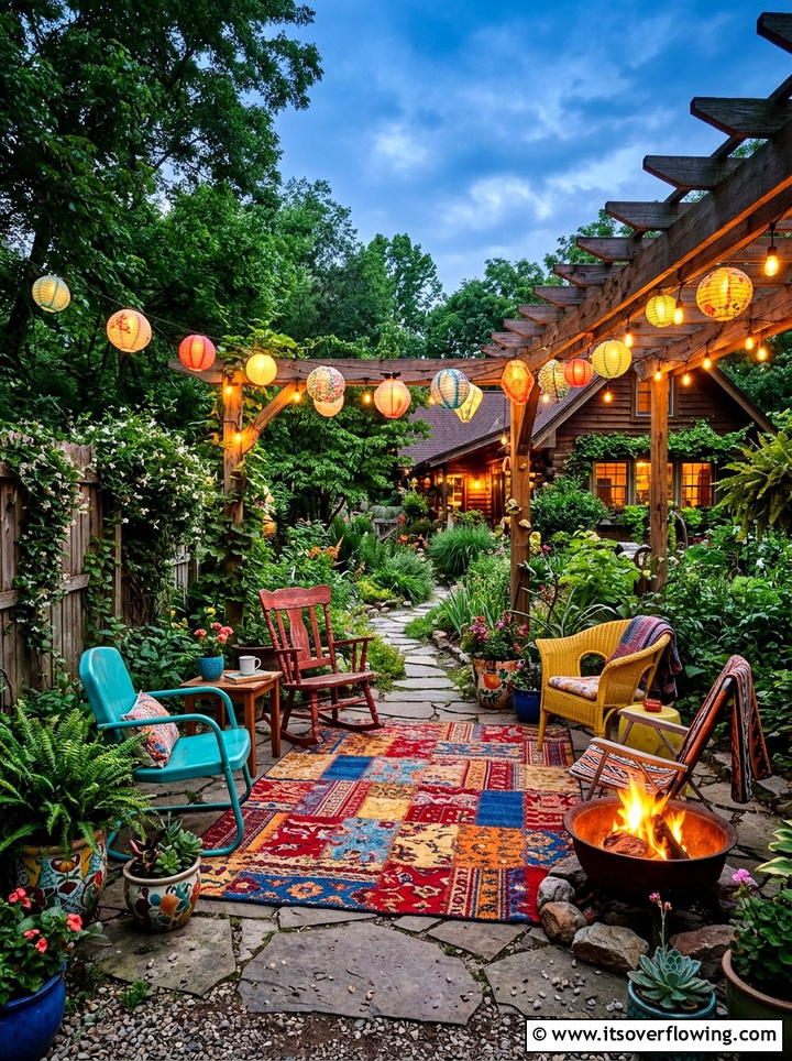 Eclectic Backyard Hangout - 25 backyard decorating ideas with outdoor rugs
