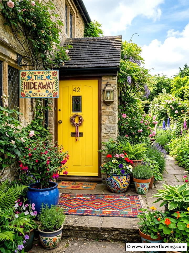 Eclectic colorful front door - 25 front porch decor ideas with personalized welcome sign