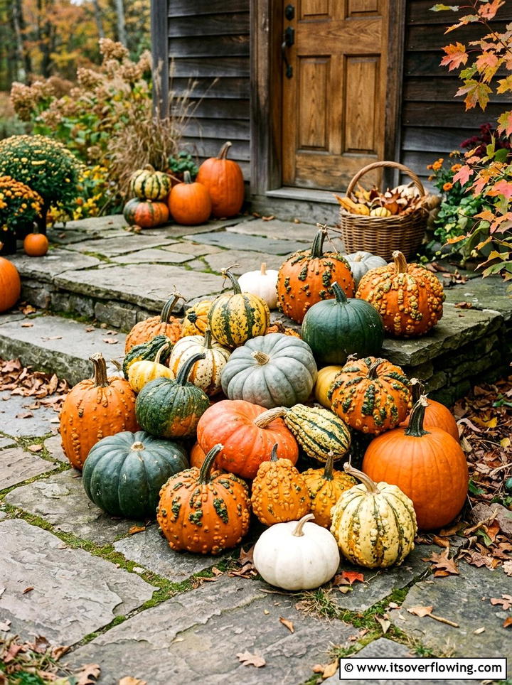Eclectic mix of gourds and pumpkins - 25 front porch decor ideas with real pumpkins