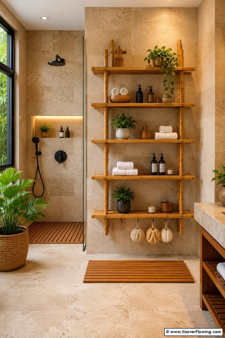 Eco Friendly Bamboo Shelves for Sustainable Design - 30 Shower Storage Ideas to Declutter Your Bathroom
