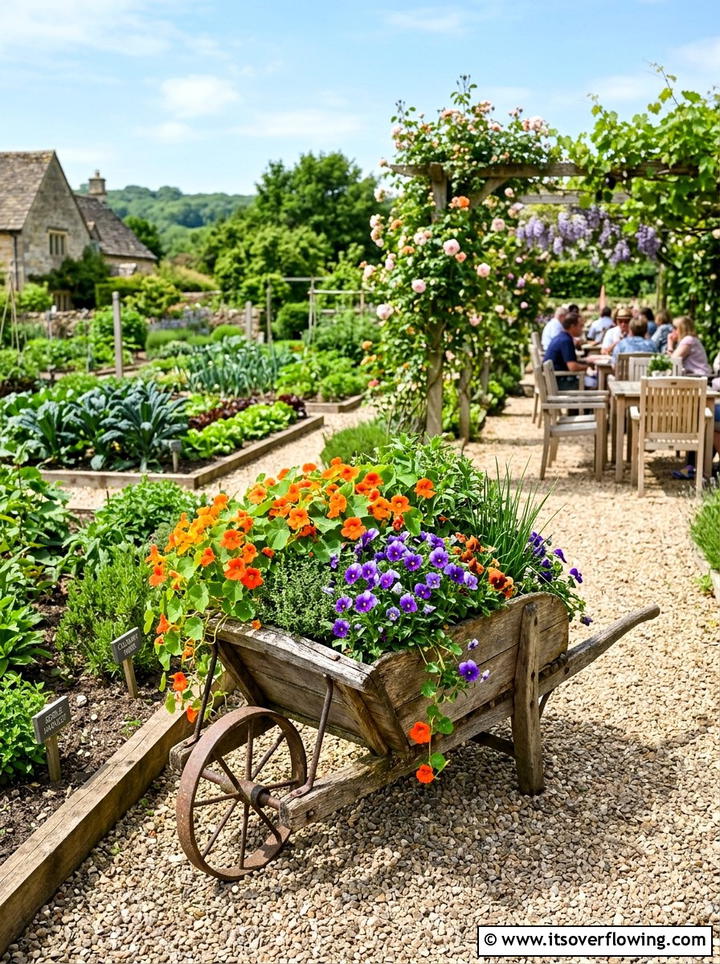 Edible flower wheelbarrow - 25 upcycled garden ideas with old wheelbarrows