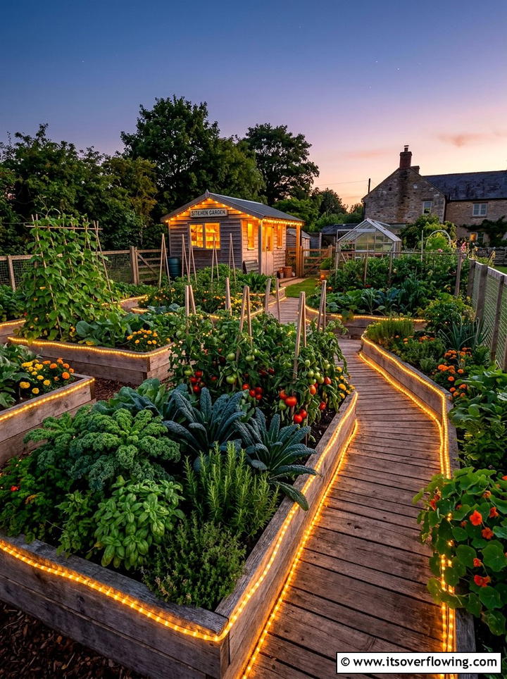 Edible garden with fairy light paths - 25 creative garden ideas with fairy light pathways