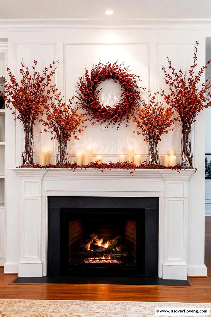Elegant Berry Branch Display - 50 Fall Fireplace Decor Ideas to Warm Autumn Gatherings
