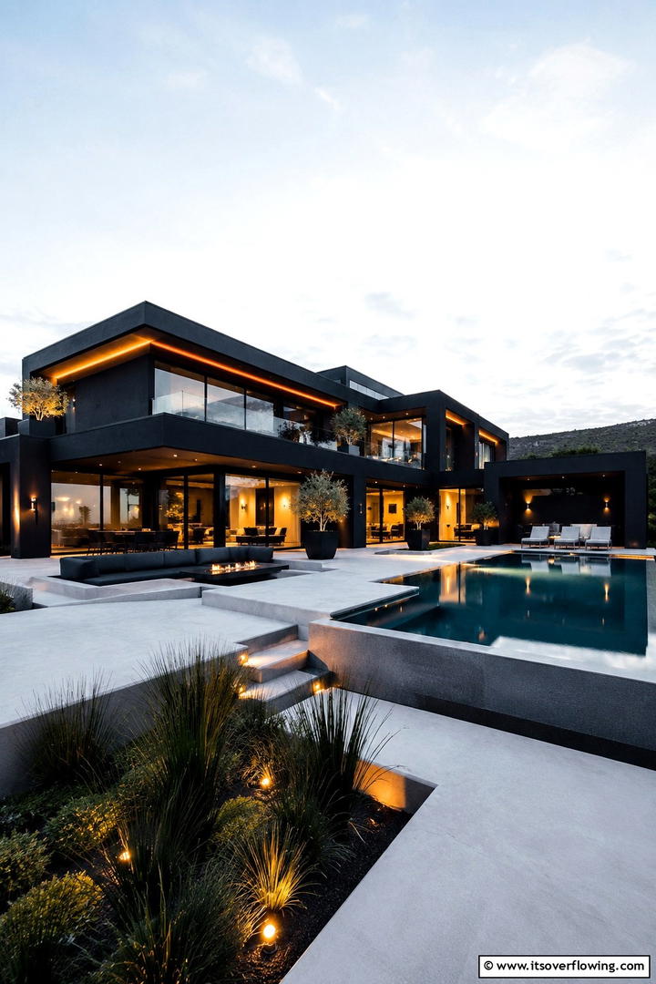 Elegant Black Accent - 30 Stucco Color Ideas for Modern and Timeless Home Exteriors