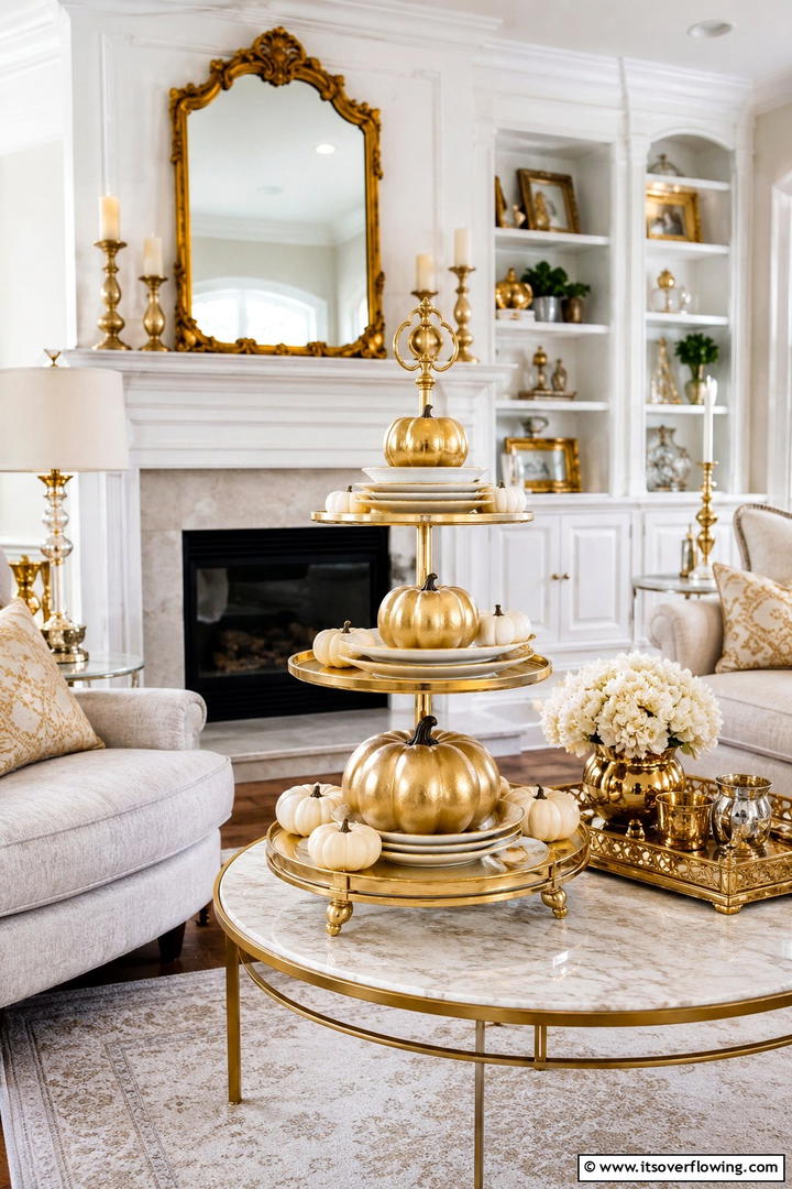 Elegant Gold Accents - 50 Fall Tiered Tray Decor Ideas for Festive Shelves