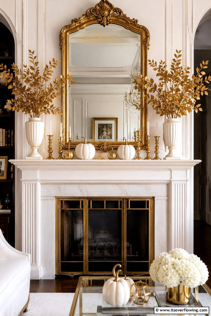 Elegant Gold and White Mantel - 50 Fall Mantel Decor Ideas for Cozy Spaces This Season