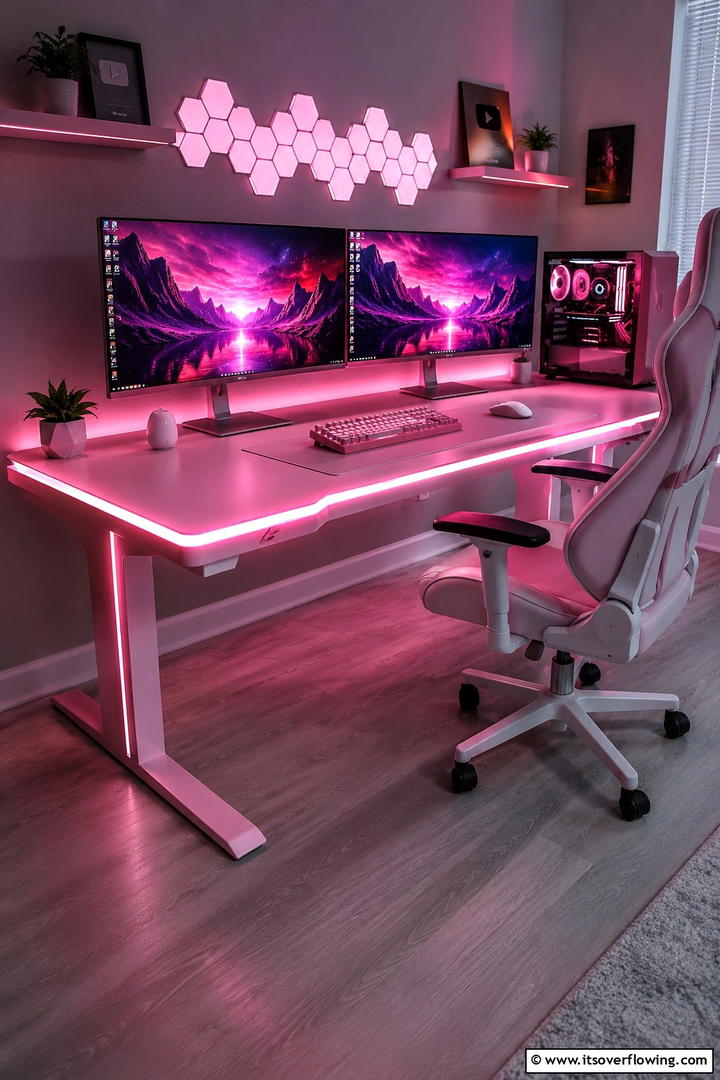 Elegant Pink LED Gaming Desk - 30 Pink Gaming Setup Ideas for a Vibrant Play Space