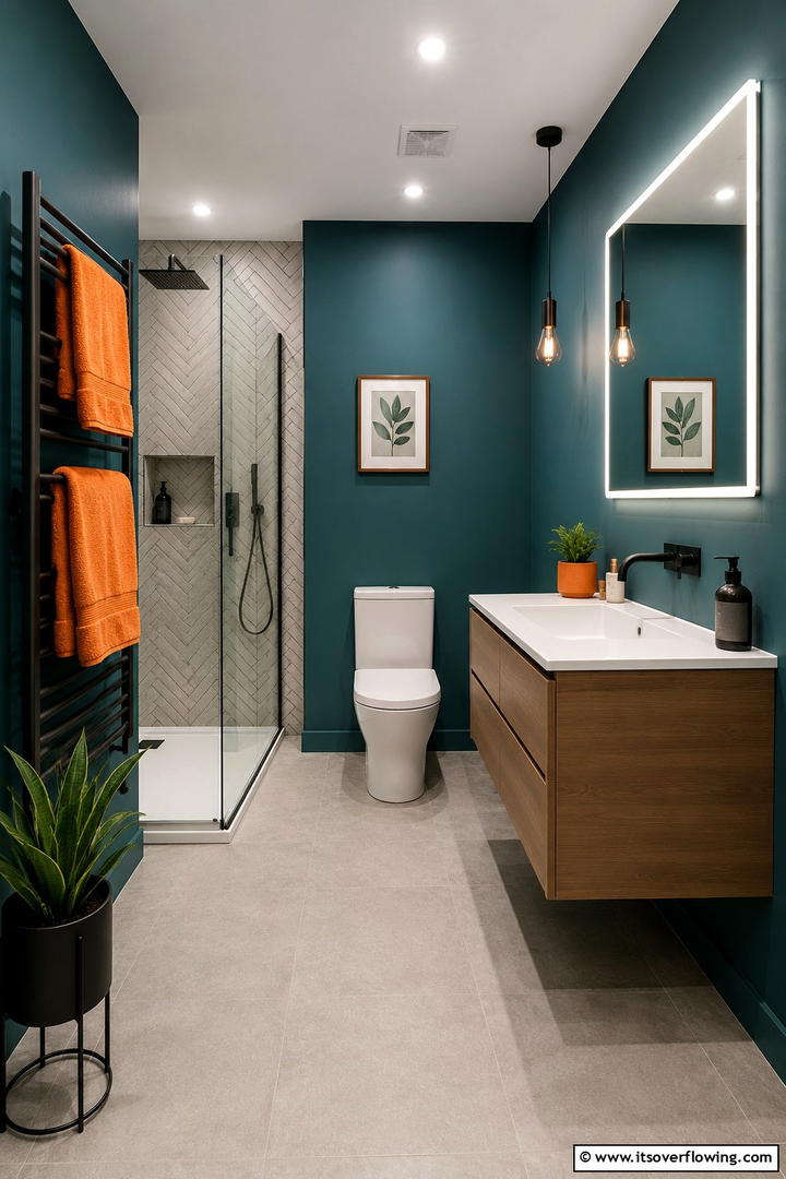 Elegant Teal Bathroom with Orange Detailing - 30 Teal & Orange Room Color Schemes for Vibrant Home Decor
