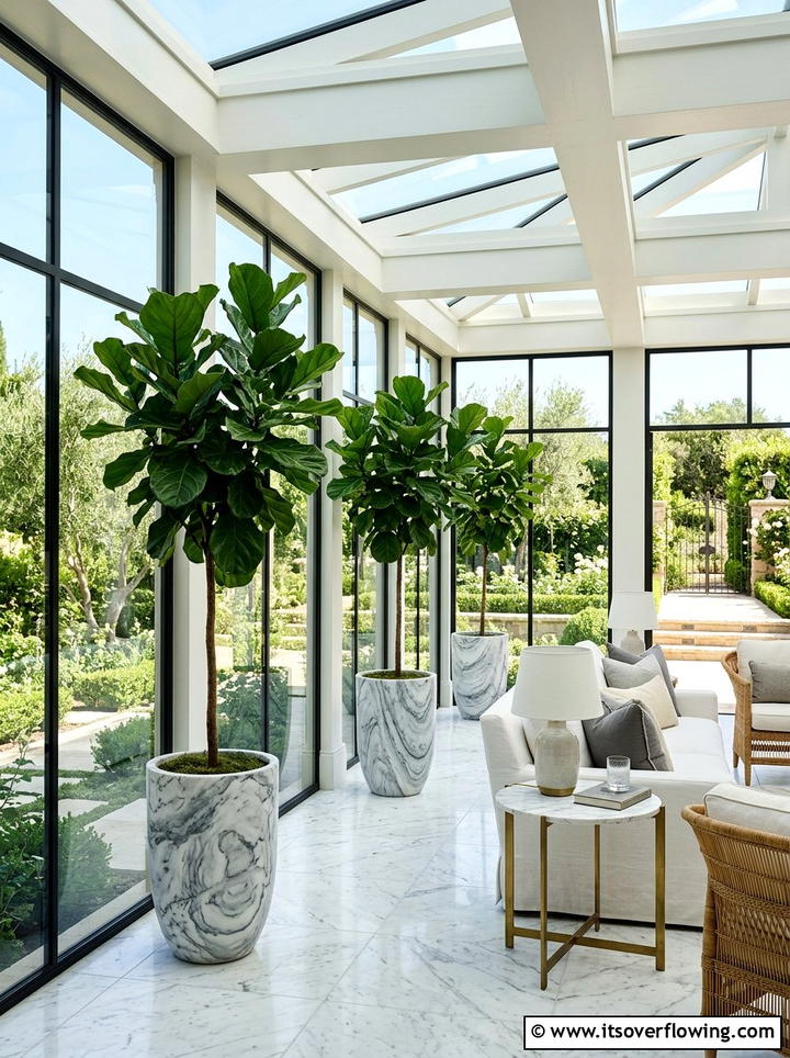 Elegant sunroom with marble effect containers - 25 creative garden ideas with painted planters