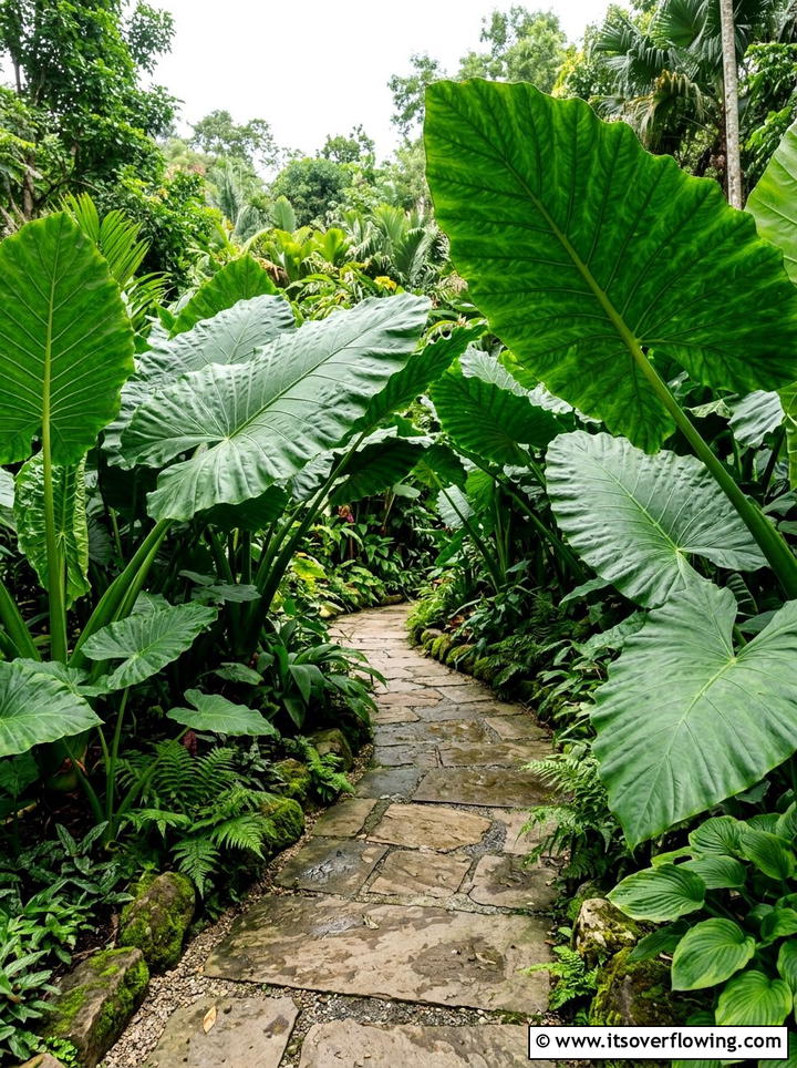 Elephant Ear Garden Path - 25 backyard ideas with tropical plants