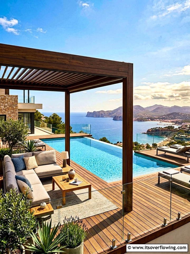 Elevated Pool Deck With Pergola Lounge - 25 backyard ideas with pool and pergola