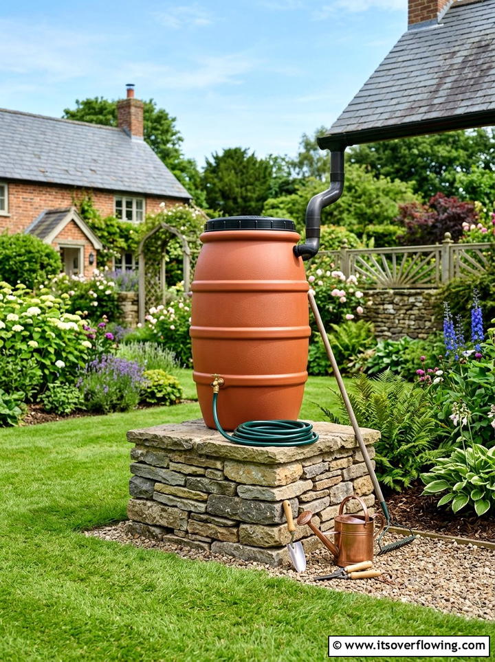 Elevated Rain Barrel On Stone Base - 25 backyard ideas with rain barrel setup