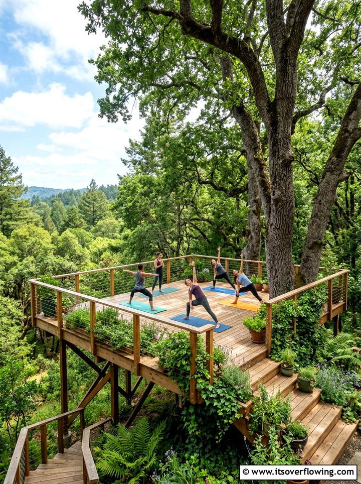 Elevated Treehouse Yoga Deck - 25 creative garden ideas with yoga decks