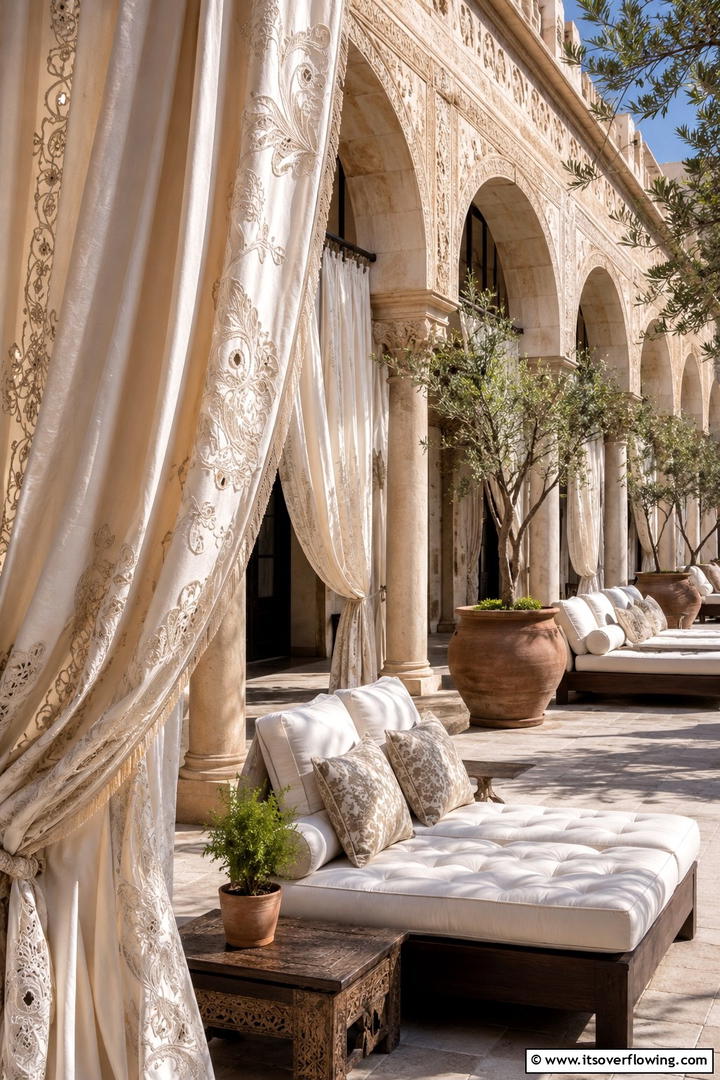 Embroidered Outdoor Fabrics - 30 Patio Curtain Ideas to Enhance Outdoor Privacy & Style