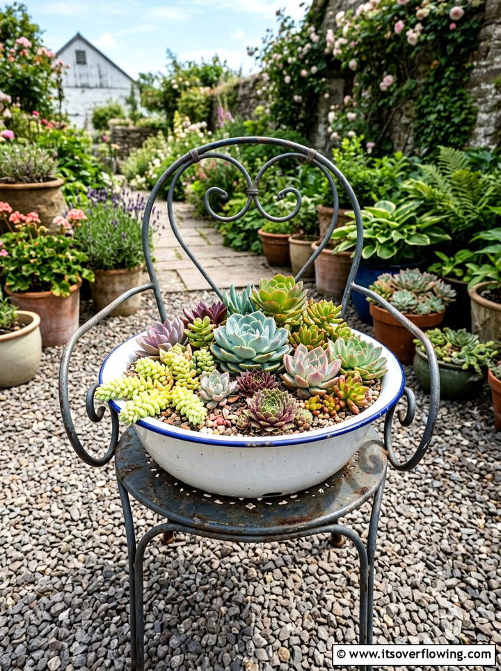 Enamel Bowl Planter - 25 recycled garden ideas with old kitchenware