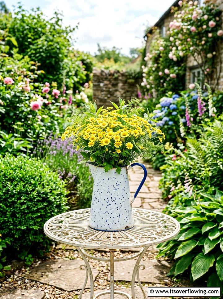 Enamel Pitcher Planter - 25 garden decor ideas with vintage pieces