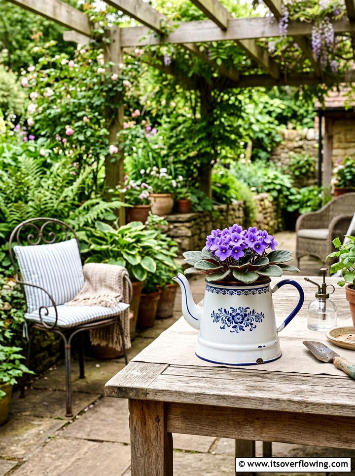 Enamel Teapot Plant Holder - 25 upcycled garden ideas for shaded spaces