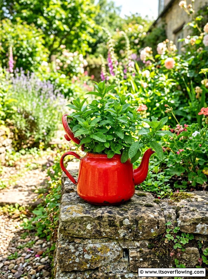 Enamel Teapot Planter - 25 upcycled garden ideas with herb planters