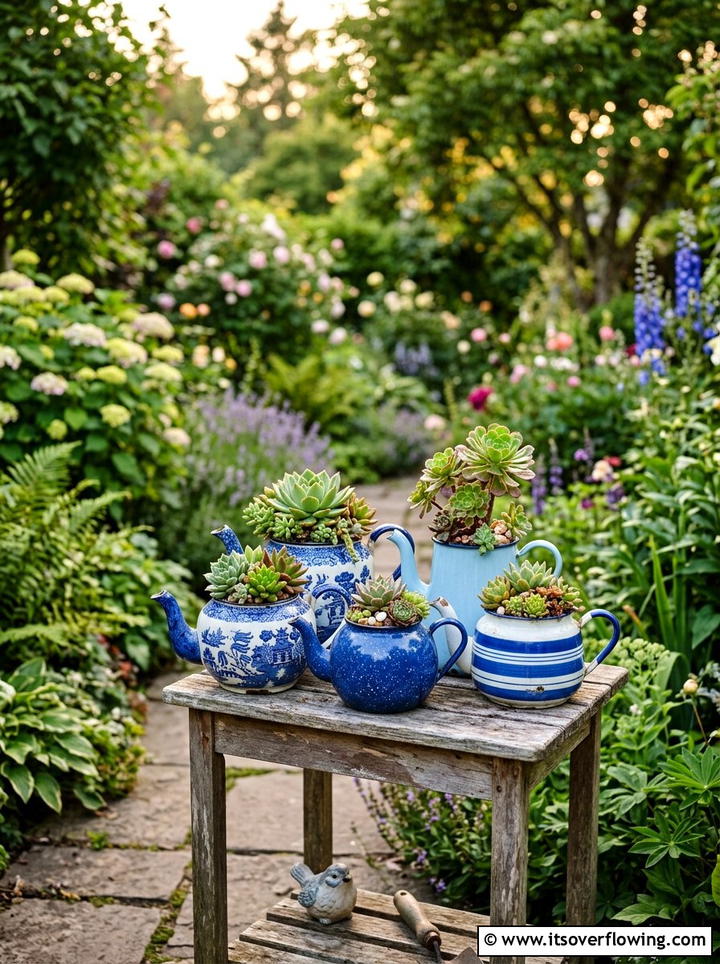 Enamel Teapot Succulent Containers - 25 recycled garden ideas for front yard decor