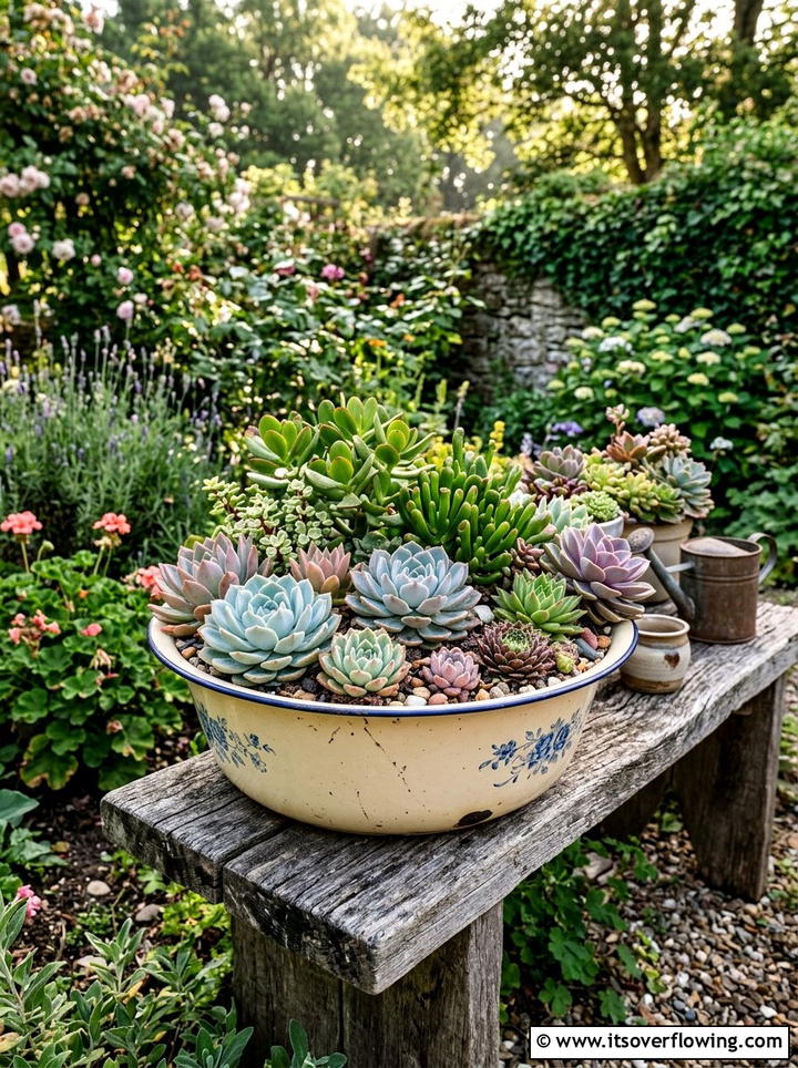 Enamel basin succulent garden - 25 upcycled garden ideas with old tubs