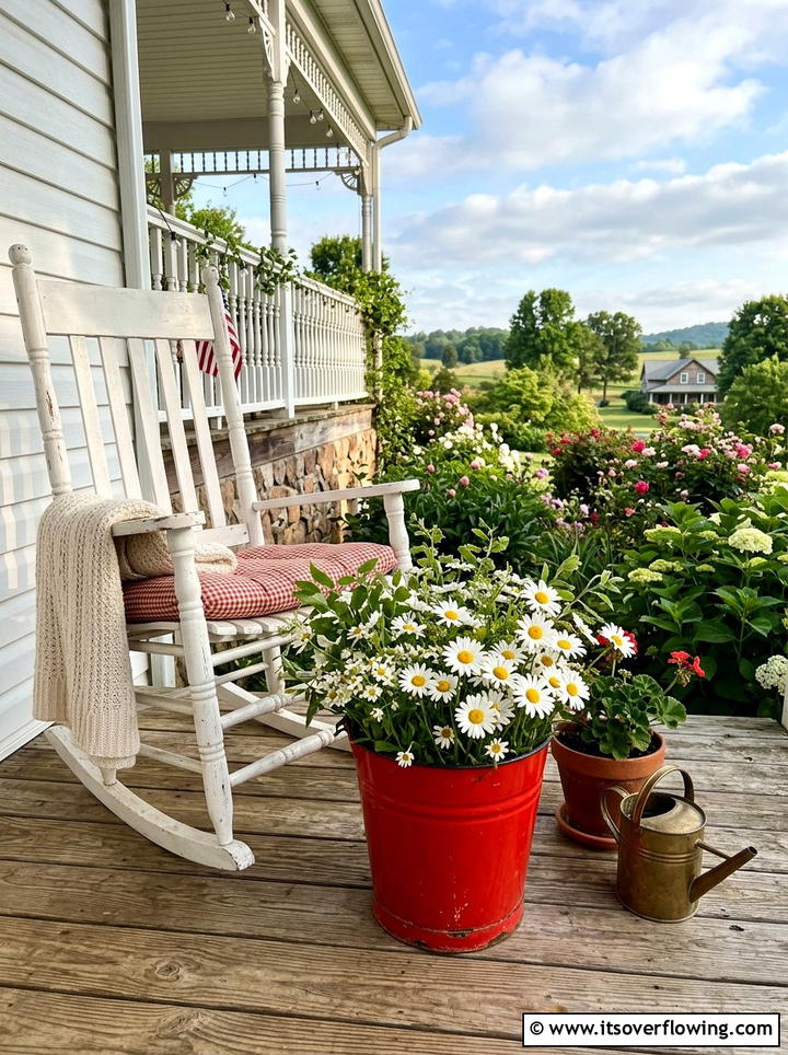 Enamel bucket porch decor - 25 upcycled garden ideas with old buckets