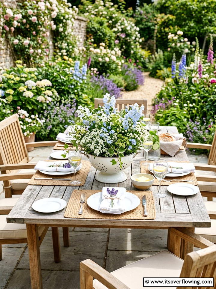 Enamel colander patio centerpiece - 25 recycled garden ideas with old colanders
