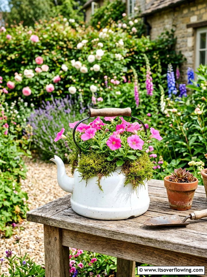 Enamel kettle planter - 25 upcycled garden ideas with old kettles