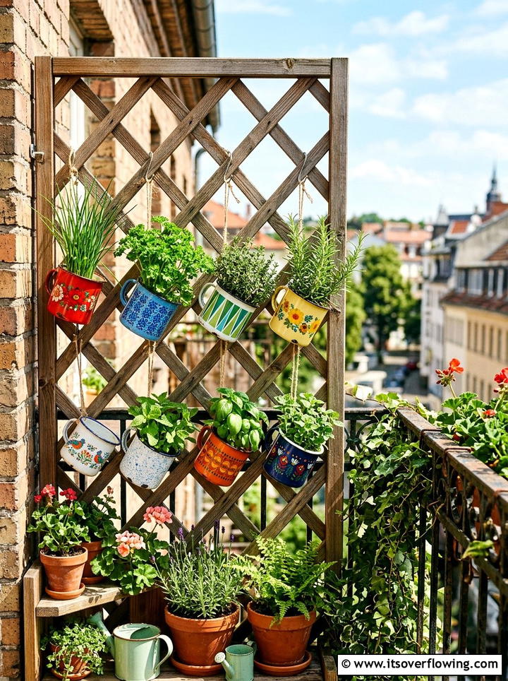 Enamel mug hanging planter - 25 upcycled garden ideas with hanging planters