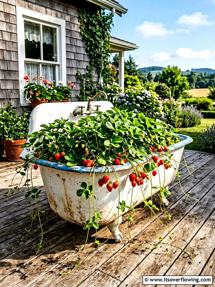 Enamel sink strawberry patch - 25 upcycled garden ideas with old sinks