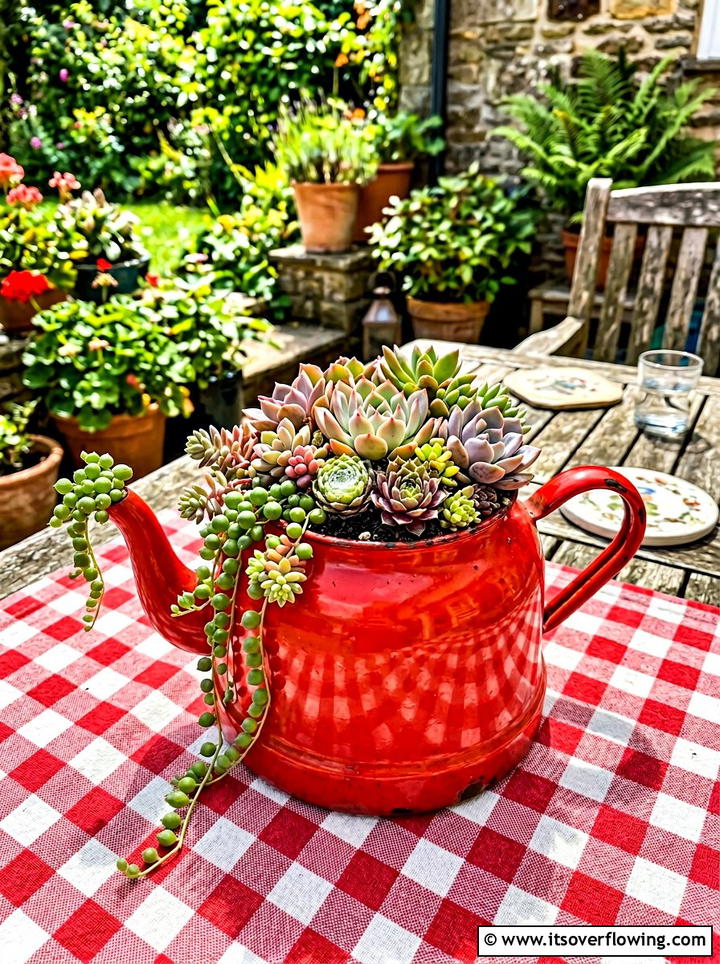 Enamel tea pot succulents - 25 reusing old things ideas for succulent garden