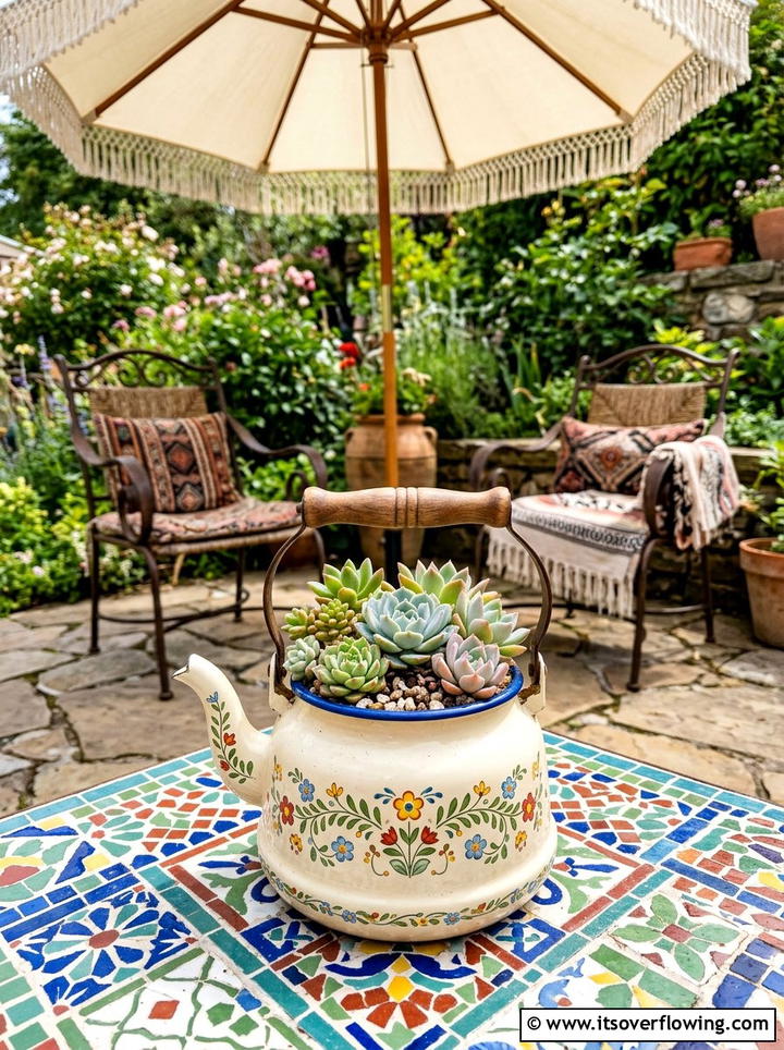 Enamel teapot succulent planter - 25 reusing old things ideas for boho garden look