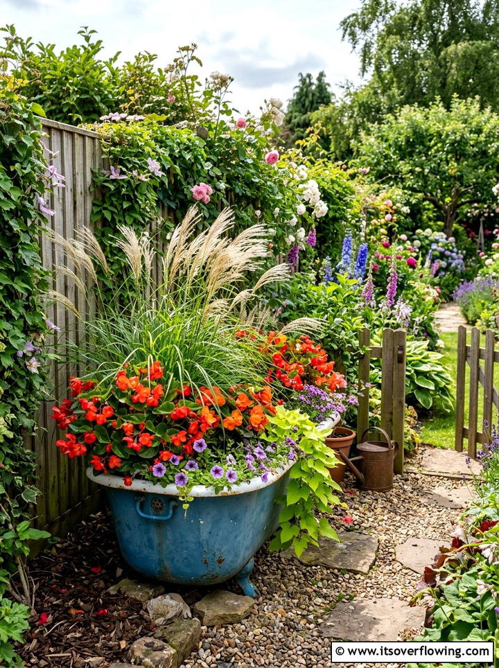 Enamel tub container garden - 25 upcycled garden ideas with old tubs