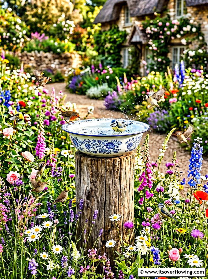 Enamel wash basin birdbath - 25 recycled garden ideas with rainwater collection