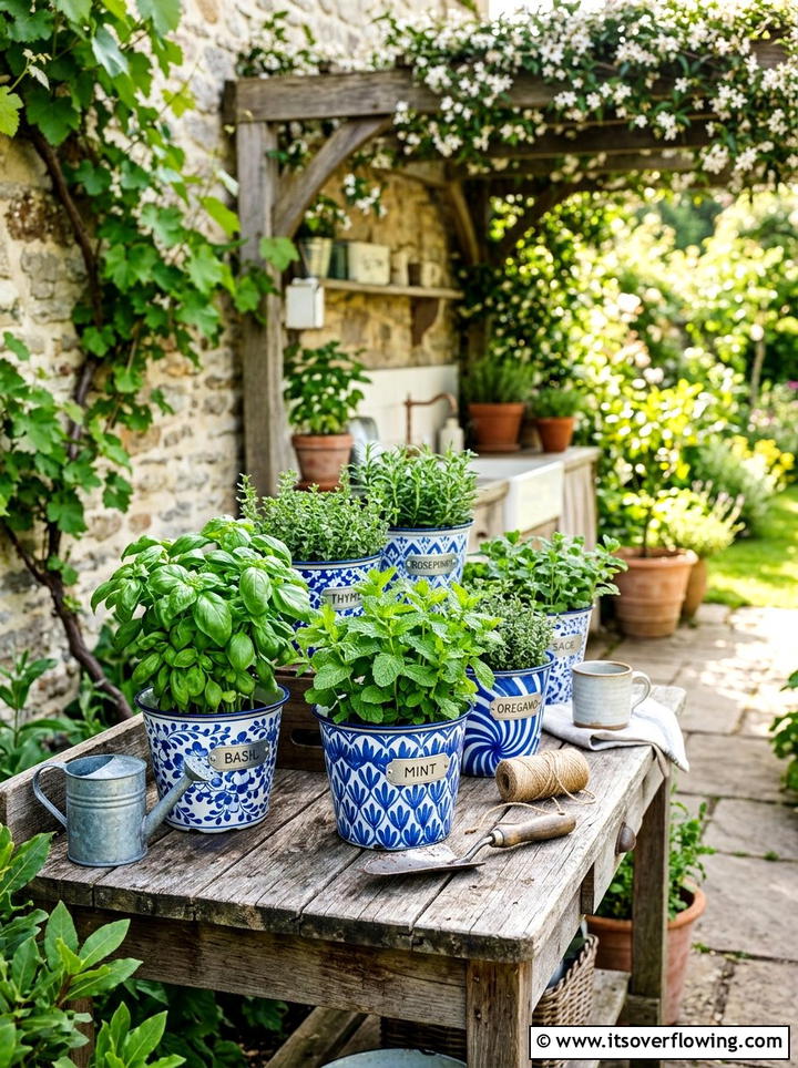 Enamelware Herb Garden - 25 backyard ideas with vintage planters