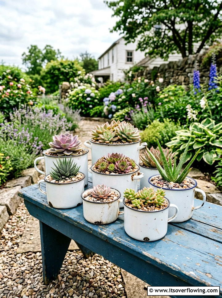 Enamelware Pot Garden - 25 upcycled garden ideas with succulent planters