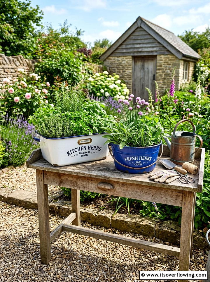 Enamelware garden containers - 25 garden decor ideas with rustic accents