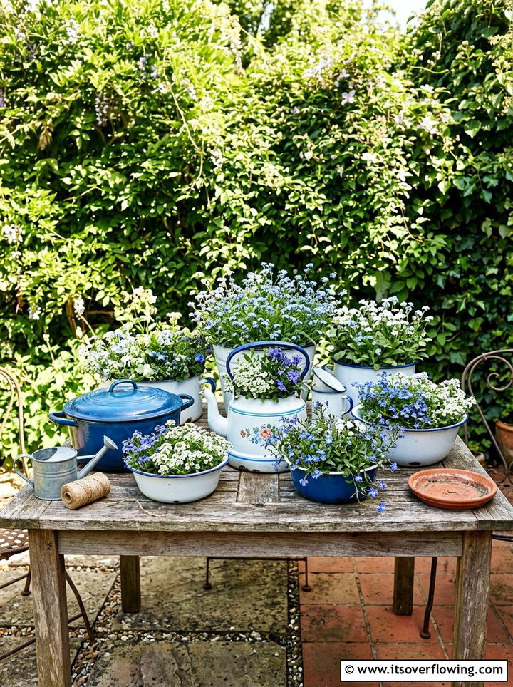 Enamelware garden pot - 25 cheap garden ideas with thrifted decor