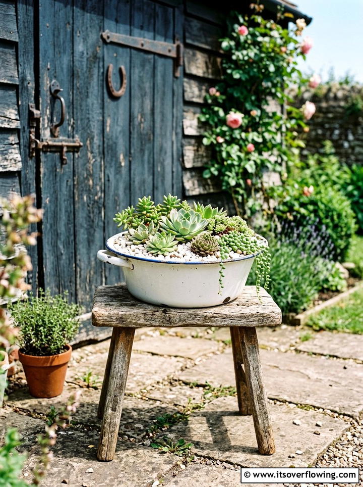 Enamelware wash basin planter - 25 upcycled garden ideas with farmhouse style