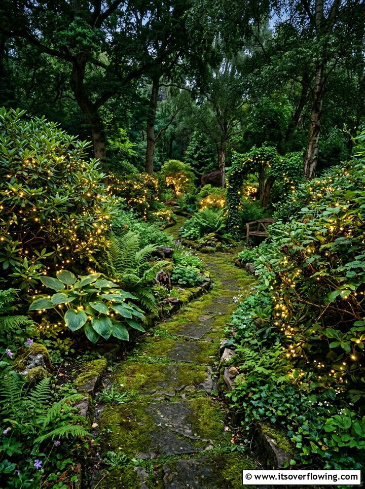 Enchanted forest garden with hidden lights - 25 creative garden ideas with fairy light pathways