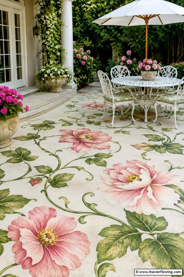 Enchanting Floral Patterns - 30 Painted Concrete Patio Ideas for Colorful Outdoor Floors