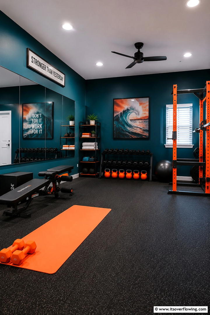 Energetic Teal and Orange Gym Space - 30 Teal & Orange Room Color Schemes for Vibrant Home Decor