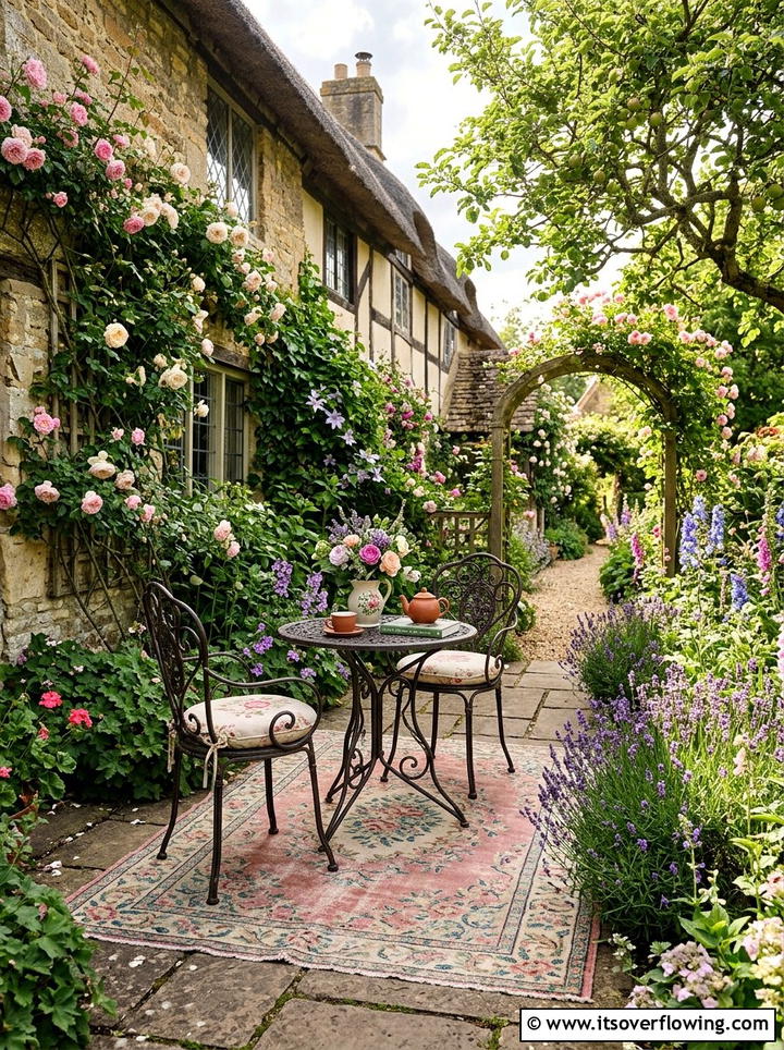 English Cottage Garden Nook - 25 backyard decorating ideas with outdoor rugs
