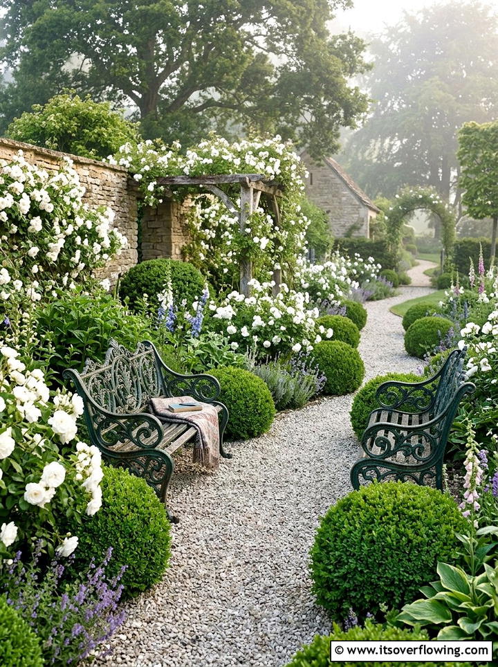 English Garden With Iron Benches - 25 backyard ideas with lounge area