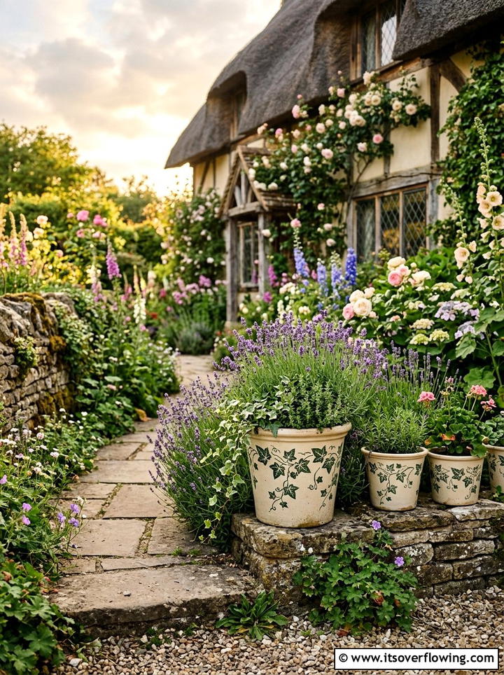 English cottage garden with stenciled planters - 25 creative garden ideas with painted planters