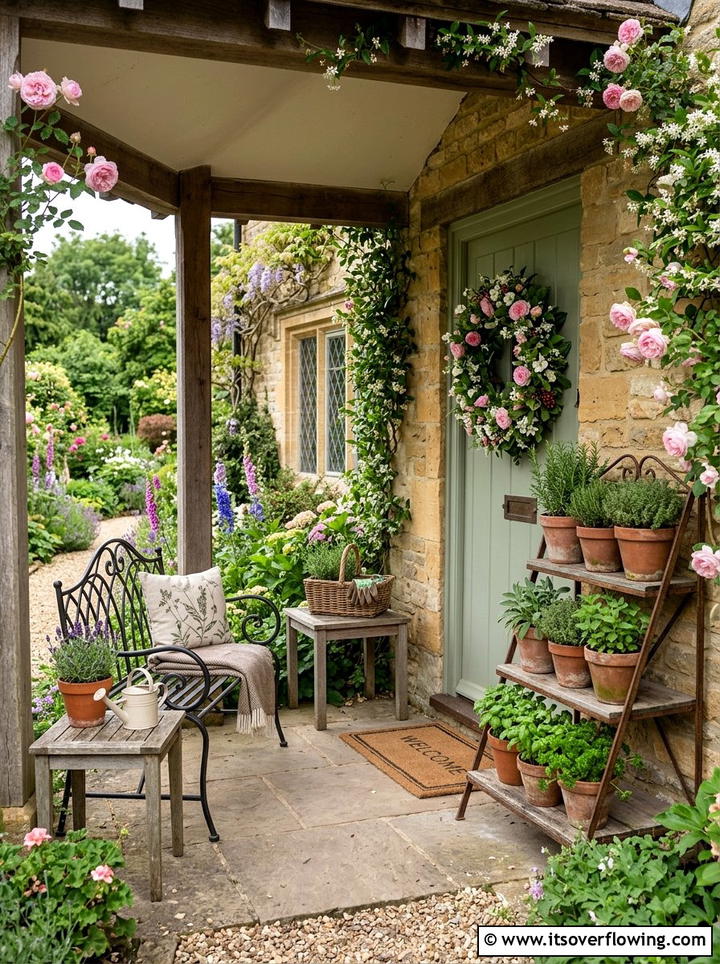 English garden porch - 25 front porch decor ideas with floral wreath