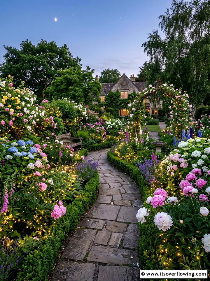 English garden with flower bed lights - 25 creative garden ideas with fairy light pathways