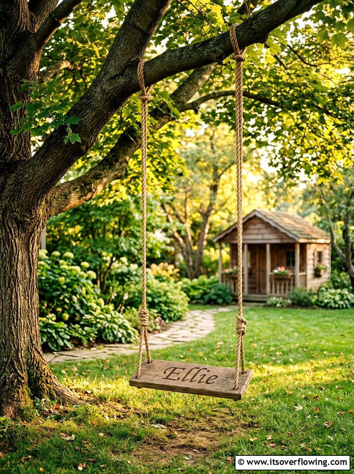 Engraved tree swing - 25 backyard decorating ideas with personalized decor